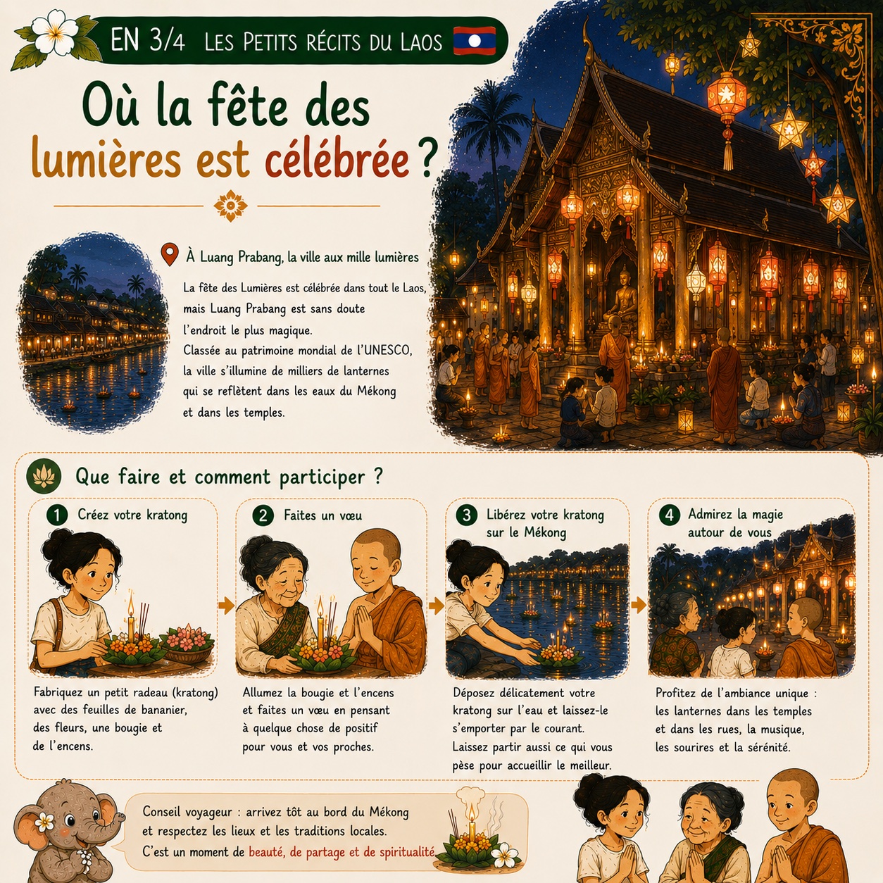 « Où la fête des Lumières est-elle célébrée ? », planche illustrée 3/4 des Petits récits du Laos